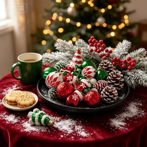 Christmas Baubles 40 Pack - Red, Green & White Shatterproof Ornaments with Hand-Painted Designs