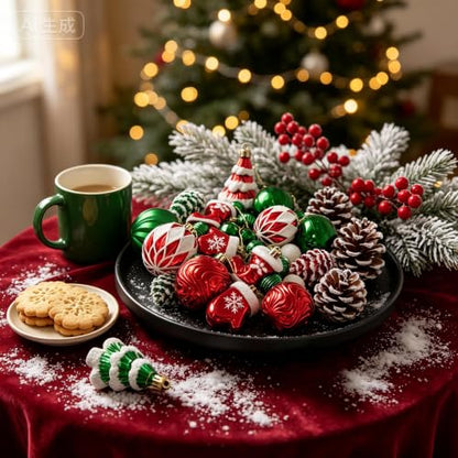 Christmas Baubles 40 Pack - Red, Green & White Shatterproof Ornaments with Hand-Painted Designs