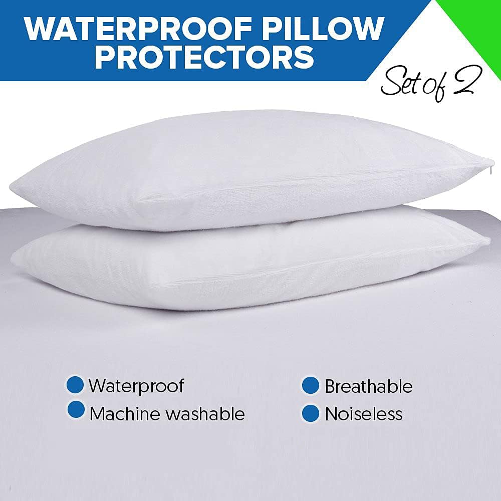 PlushDeluxe Pillow Protectors - Queen Size 20”x32” | Set of 2 Waterproof, Hypoallergenic Encasements