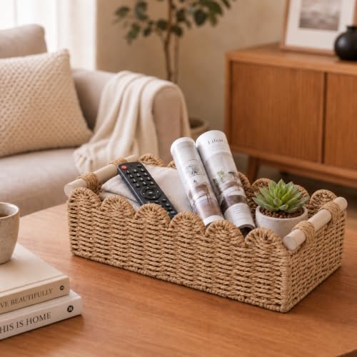 Scalloped Wicker Toilet Paper Storage Basket with Handles - Bathroom Organizer