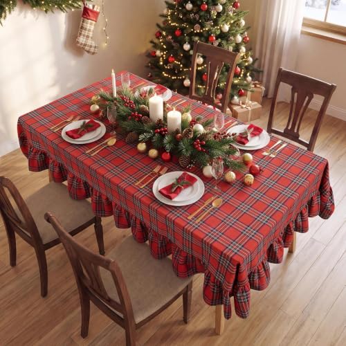 Romanstile Christmas Red Plaid Ruffled Tablecloth 60x120 Inch Rectangular - Holiday Decor