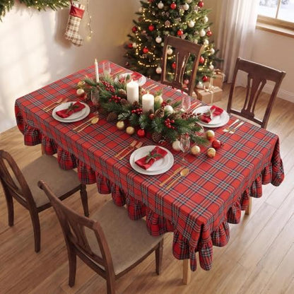 Romanstile Christmas Red Plaid Ruffled Tablecloth 60x120 Inch Rectangular - Holiday Decor