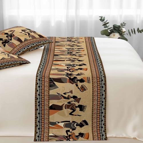 King Size Bed Runner Set 94x20in with 2 Pillow Covers - Black Ethnic Boho Decor