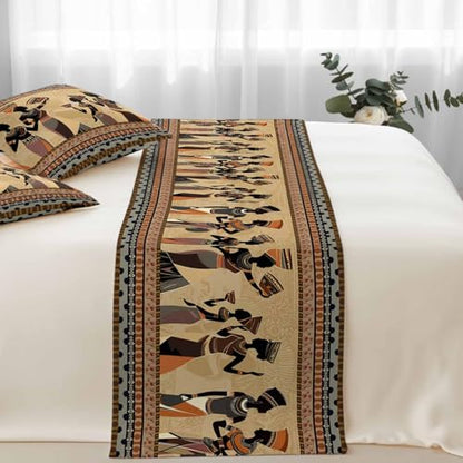 King Size Bed Runner Set 94x20in with 2 Pillow Covers - Black Ethnic Boho Decor