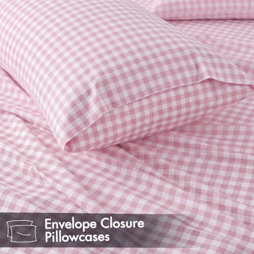 Pink Gingham Twin Sheet Set - 4 Piece Microfiber Plaid Bedding with Deep Pockets