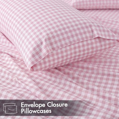 Pink Gingham Twin Sheet Set - 4 Piece Microfiber Plaid Bedding with Deep Pockets