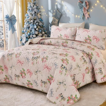 Christmas King Quilt Bedding Set with Bells & Bows Pattern - King Size 110x90