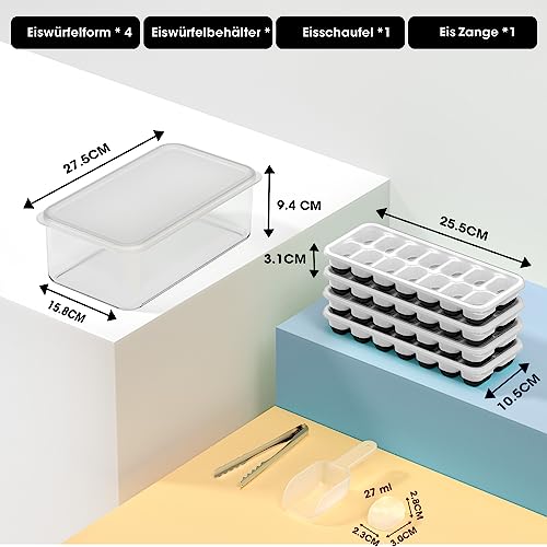 DOQAUS Ice Cube Tray with Lid and Bin, 4 Pack Silicone Plastic Ice Cube Trays for Freezer with Ice Box, Ice Trays with Ice Container, Stackable Ice Tray with Storage Ice Bucket,Ice Tong,Ice Scoop