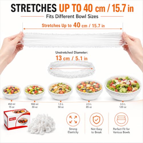 100 Pcs Food-Grade Plastic Wrap with Elastic Covers for Food Preservation - Reusable & Durable