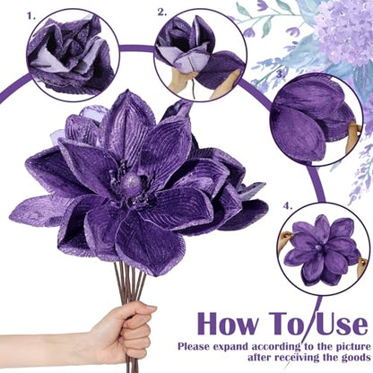 Large 16 Inch Purple Velvet Christmas Magnolia Flowers - 8 Pack