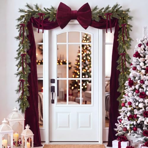 Burgundy Velvet Bow Christmas Tree Topper Set with 12 Small Bows - 8.2ft Large