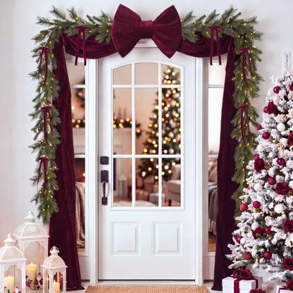Burgundy Velvet Bow Christmas Tree Topper Set with 12 Small Bows - 8.2ft Large