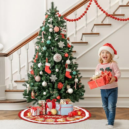 Gingerbread Man Christmas Tree Skirt 48 Inch Red & Brown Holiday Decor