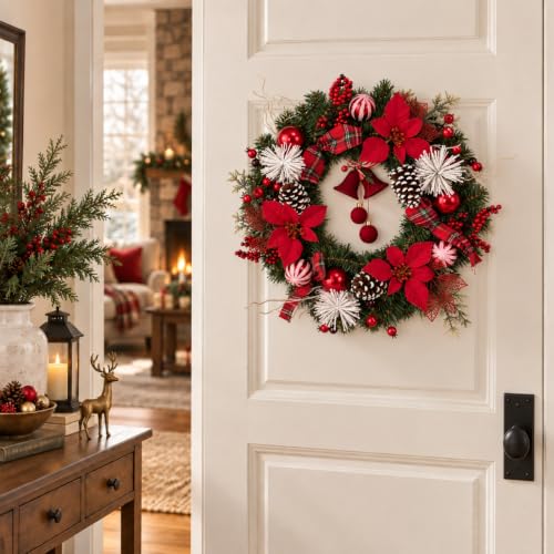 24 Inch Christmas Wreath with Poinsettias Pine Cones and Berries - Festive Holiday Decor