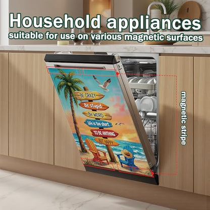 Retro Summer Beach Dishwasher Magnet Cover - Decorative & Washable Kitchen Decor 23x26 Inch