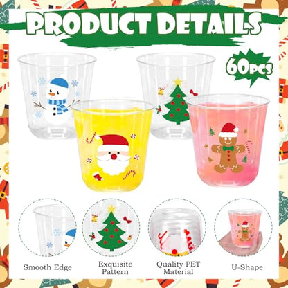 Christmas Plastic Cups Set 60 Pcs 12 Oz Snowman Gingerbread Santa Holiday Party
