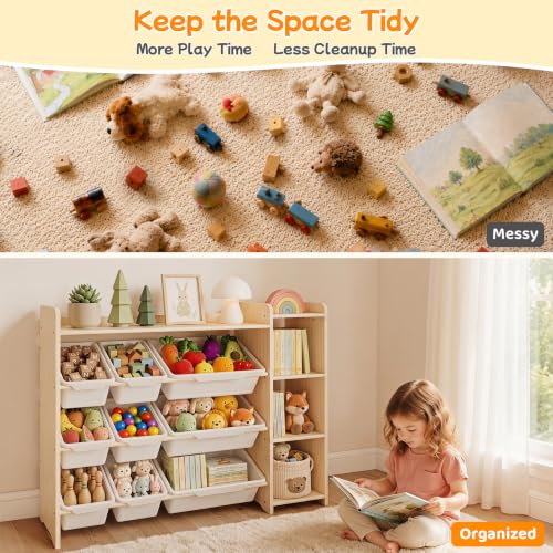 Kids Bookshelf & Toy Organizer - 3-Tier Wooden Storage with Bins, Natural Pine