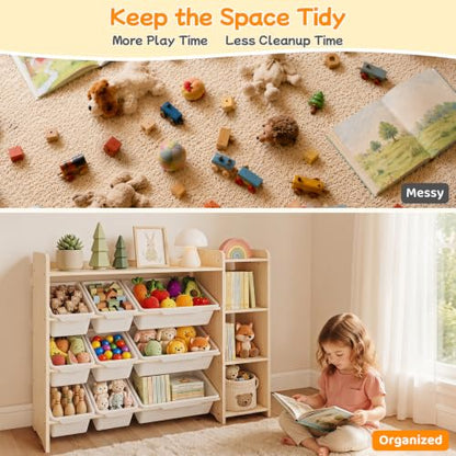 Kids Bookshelf & Toy Organizer - 3-Tier Wooden Storage with Bins, Natural Pine