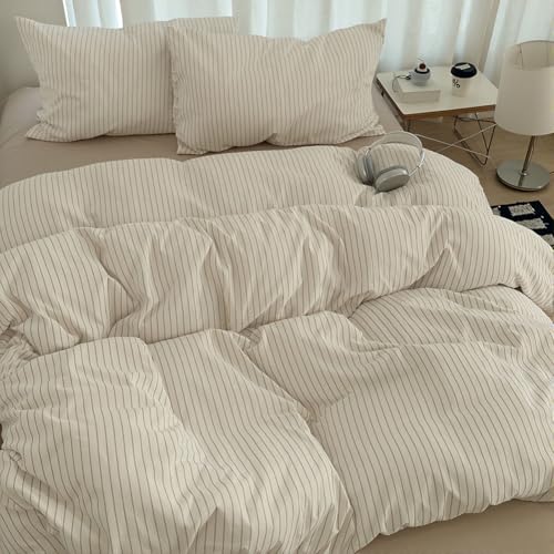 Queen Beige Striped Comforter Set - All Season Microfiber Bedding 3pcs