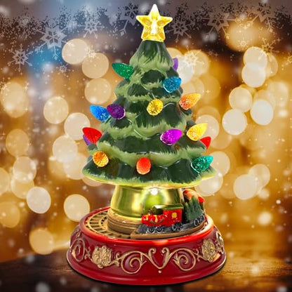 Lighted Ceramic Christmas Tree with Rotating Train - 7.48 Inch Holiday Decor