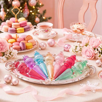 Pastel Crystal Finial Ornaments for Christmas Tree - Classic Style, 6.6 In, 12 Pcs