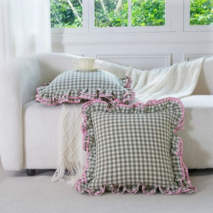 Green White Gingham Pillow Sham Set with Ruffle and Ric-Rac Trim - 24x24 Inch