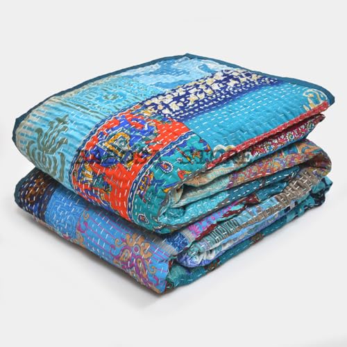 Turquoise Handmade Patchwork Kantha Quilt Bed Cover 40x60 Inch Baby