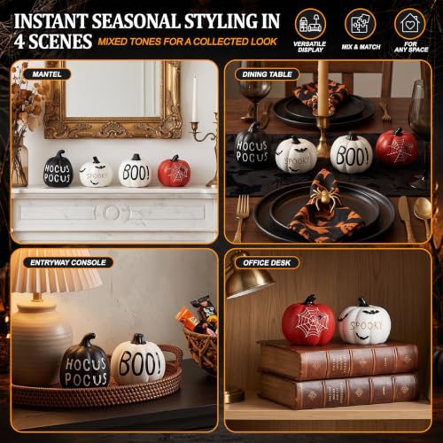 Halloween Pumpkin Decor Set - 4 Resin Black, White & Orange Figurines