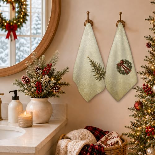 Christmas Tree4 Rustic Farmhouse Christmas Kitchen Towels Set of 2 - Vintage Neutral Winter Holiday Dish Hand Towels 16x24in