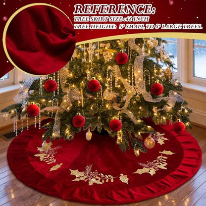 Christmas Tree Skirt Red 48 Inch Velvet with Gold Holly Embroidery - Variation of THIS listing