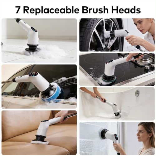 White Cordless Electric Spin Scrubber with 7 Brush Heads - Adjustable & Waterproof