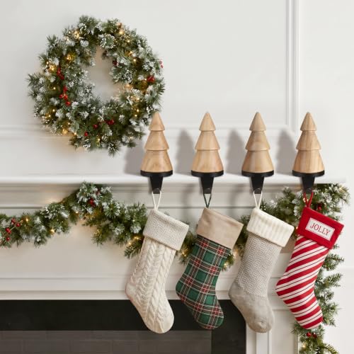Natural Wooden Christmas Stocking Holder Set - 4 Pack, Mantle Decor