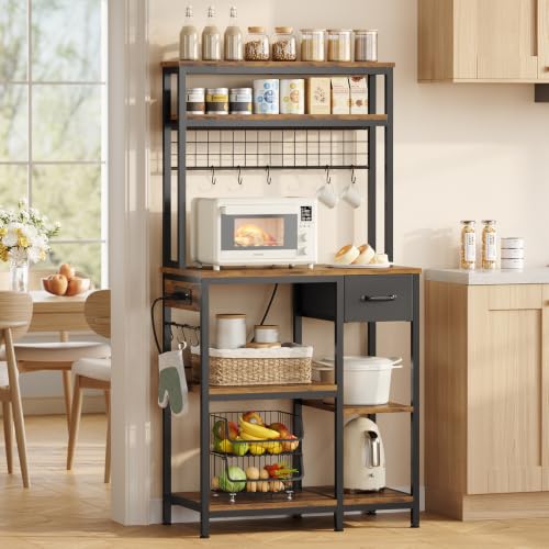 30 Inch Kitchen Bakers Rack with Power Outlet & LED Light - Rustic Brown, 6-Tier Microwave Stand with Drawer & Hooks