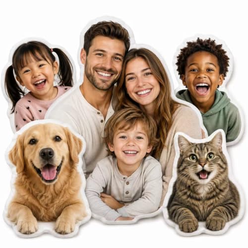 Personalized Face Pillow Custom Shaped Pet & Photo Pillow with Variation - White Rainbow Blue Yellow Black Heart