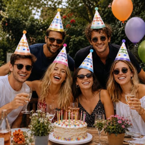 6 Pcs Colorful Birthday Hats for Adults with Fur Pom Poms - Party Supplies