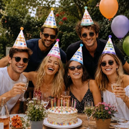 6 Pcs Colorful Birthday Hats for Adults with Fur Pom Poms - Party Supplies