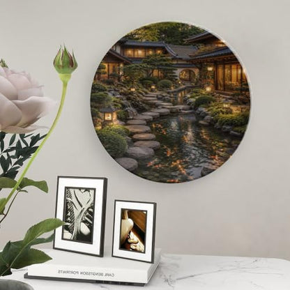 Night Japanese Garden Koi Pond Bone China Decorative Plate with Stand & Wall Hook - 8 Inch