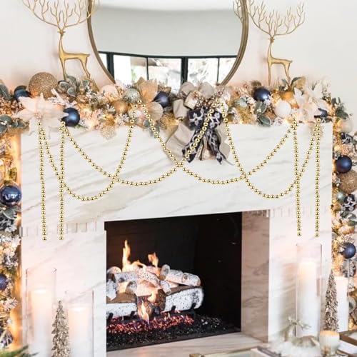 50ft Gold Christmas Beads Garland for Holiday Decor - Artificial Pearl Trim