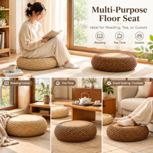 Japanese Floor Pillow Tatami Meditation Cushion Khaki 15.7x15.7x6.7 inches – Natural Woven Rattan Support
