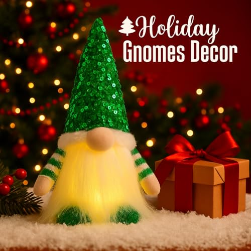 Christmas Lighted Gnome Decorations Set - Red & Green, 12 Inch Scandinavian Plush Gnomes