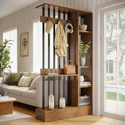 Tribesigns 71" Wall Divider with Open Shelves & Coat Hooks - Brown, 39.37" W x 11.81" D x 70.87" H