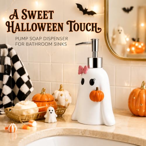 Halloween Soap Dispenser - White Ghost with Pink Bow & Pumpkin Decor