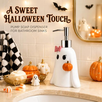 Halloween Soap Dispenser - White Ghost with Pink Bow & Pumpkin Decor
