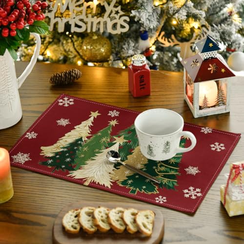 Christmas Placemats Set of 12 - Red Snowflakes & Trees, 12x18 Inches, Seasonal Table Decor