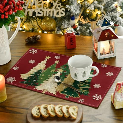 Christmas Placemats Set of 12 - Red Snowflakes & Trees, 12x18 Inches, Seasonal Table Decor