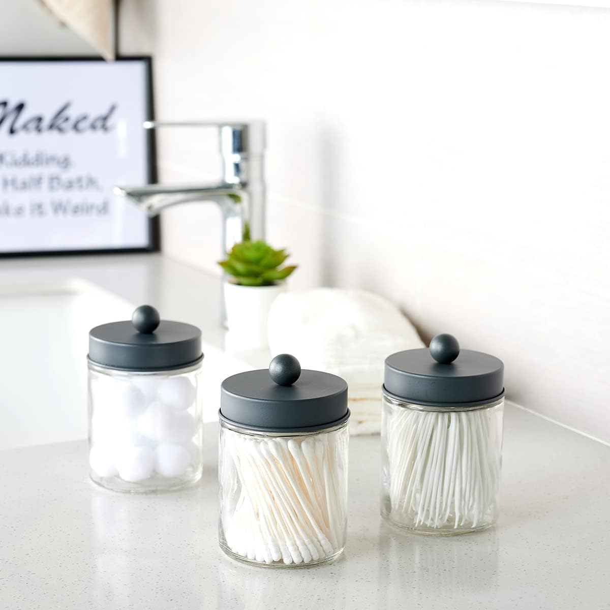 Amolliar Apothecary Jars - Stylish Bathroom Storage Organizer | Glass Canister with Lid for Q-Tips, Cotton Swabs & More - Grey (2 Pack)