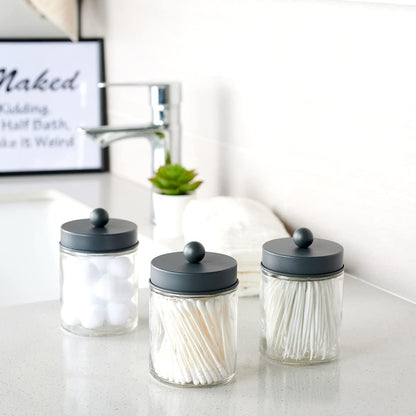 Amolliar Apothecary Jars - Stylish Bathroom Storage Organizer | Glass Canister with Lid for Q-Tips, Cotton Swabs & More - Grey (2 Pack)