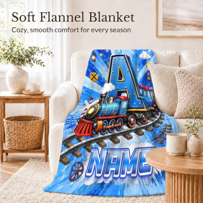Personalized Kids Blanket for Boys Blue - Custom Train Throw for Toddlers