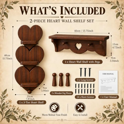 Wooden Heart Wall Shelf Set with Hooks and 3-Tier Display for Bedroom Entryway