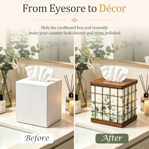 Square Oak Wood & Metal Tissue Box Cover with 4 Seasonal Panels - Brown & Black, 6x6x7 Inches